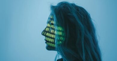 a woman with number code on her face while looking afar