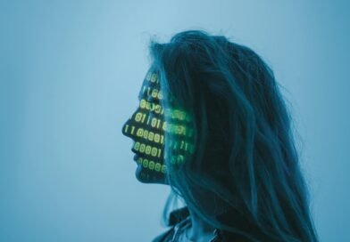 a woman with number code on her face while looking afar