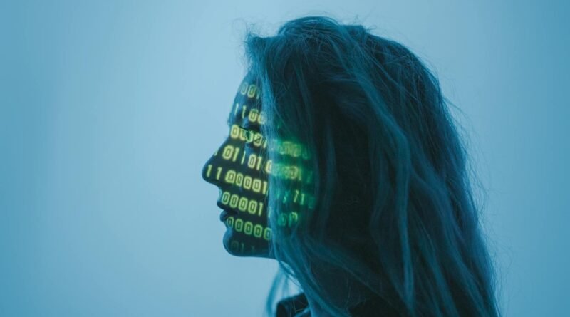a woman with number code on her face while looking afar